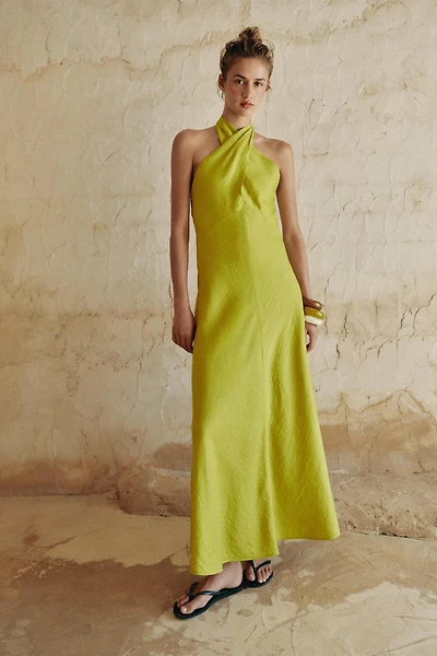 LINEN WRAP HALTER MIDI DRESS