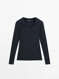 Long sleeve knit V-neck polo shirt