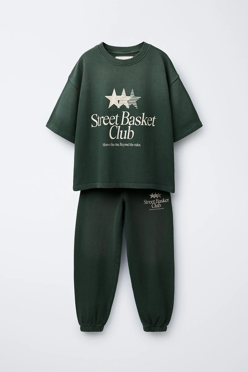 WASHED EFFECT TEXT T-SHIRT AND JOGGER PANTS SET