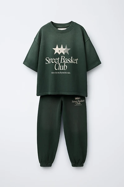 WASHED EFFECT TEXT T-SHIRT AND JOGGER PANTS SET