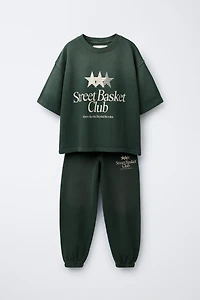 WASHED EFFECT TEXT T-SHIRT AND JOGGER PANTS SET