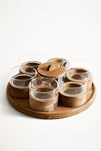 SET OF TUMBLERS AND A WOODEN SUGAR BOWL