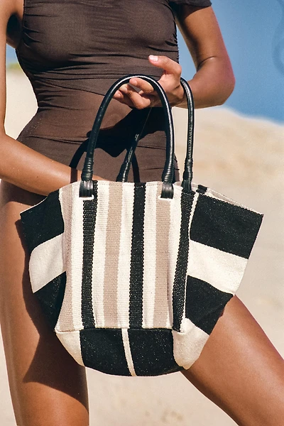 STRIPED BAG WITH LEATHER HANDLES