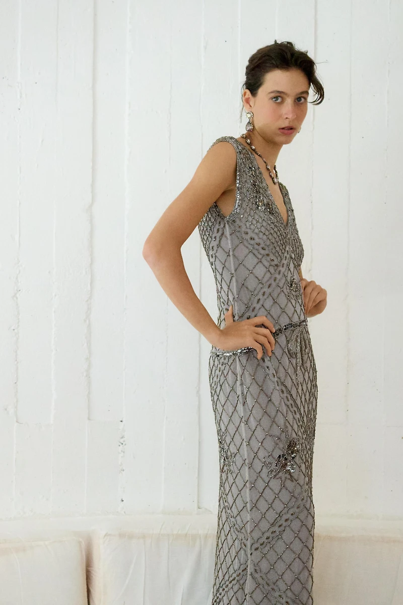 EMBROIDERED BEADED TULLE DRESS