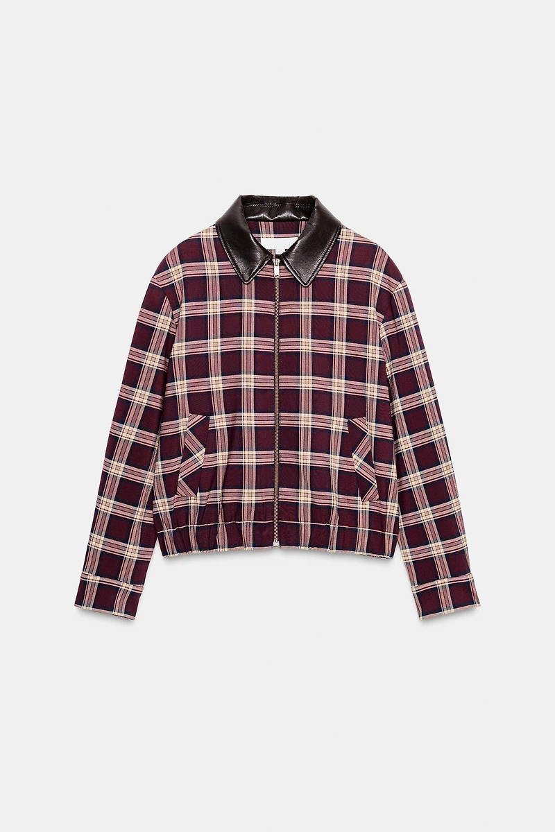 FAUX LEATHER LAPEL CHECK BOMBER JACKET