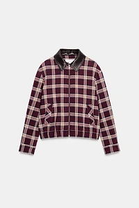 FAUX LEATHER LAPEL CHECK BOMBER JACKET