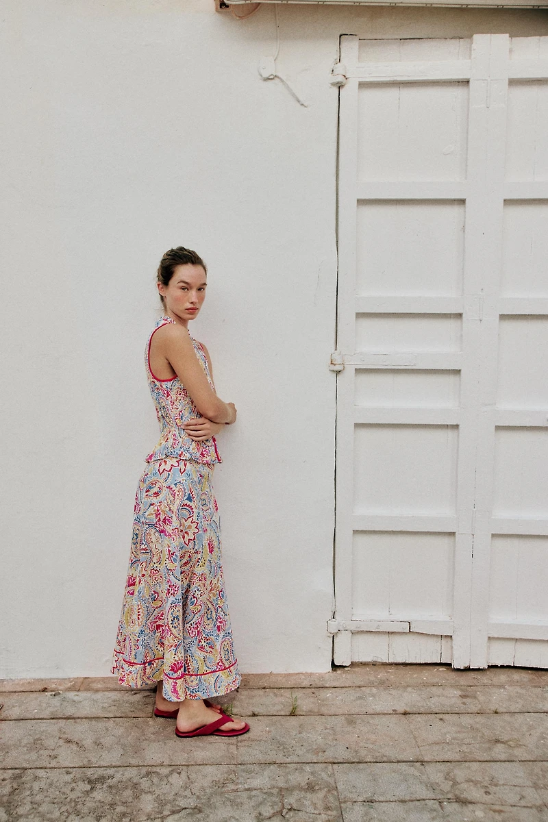 PRINTED EMBROIDERED EYELET MIDI SKIRT