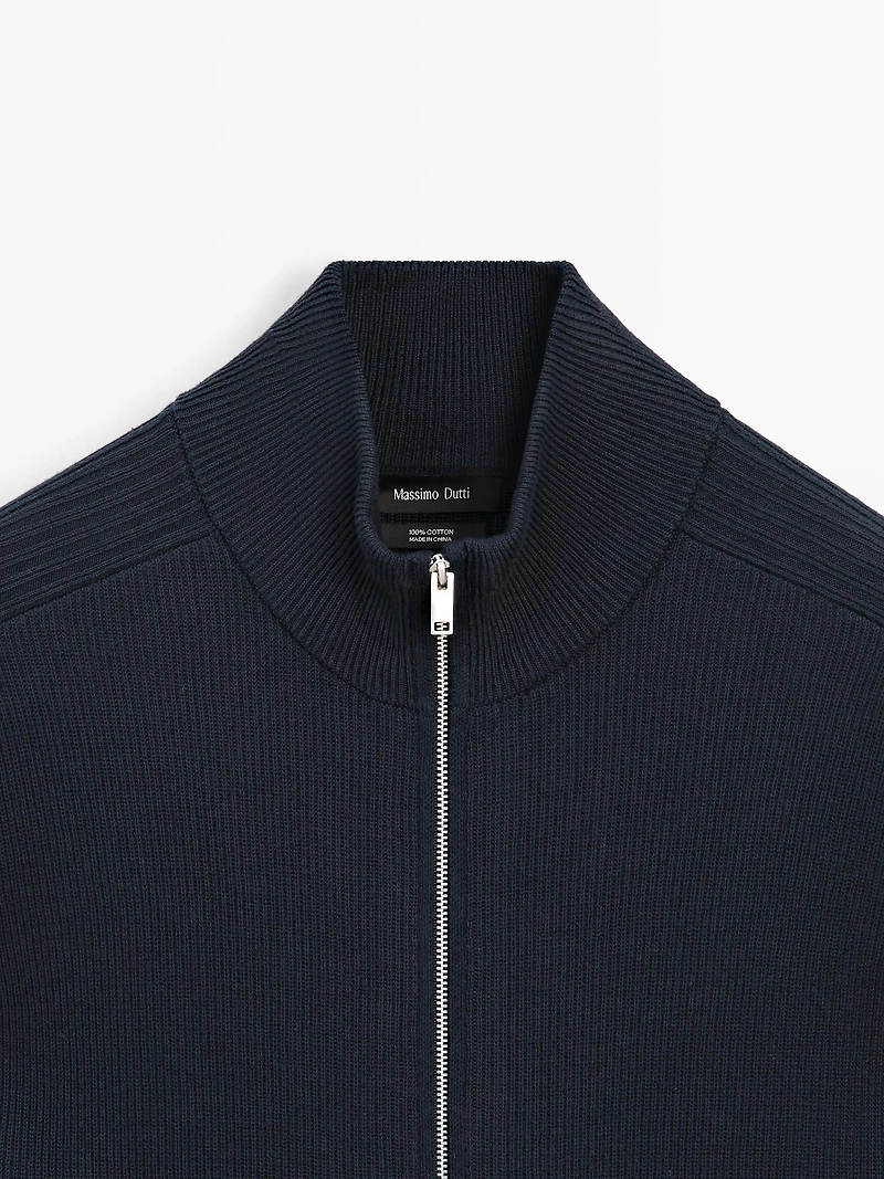 Cotton zip-up knit cardigan