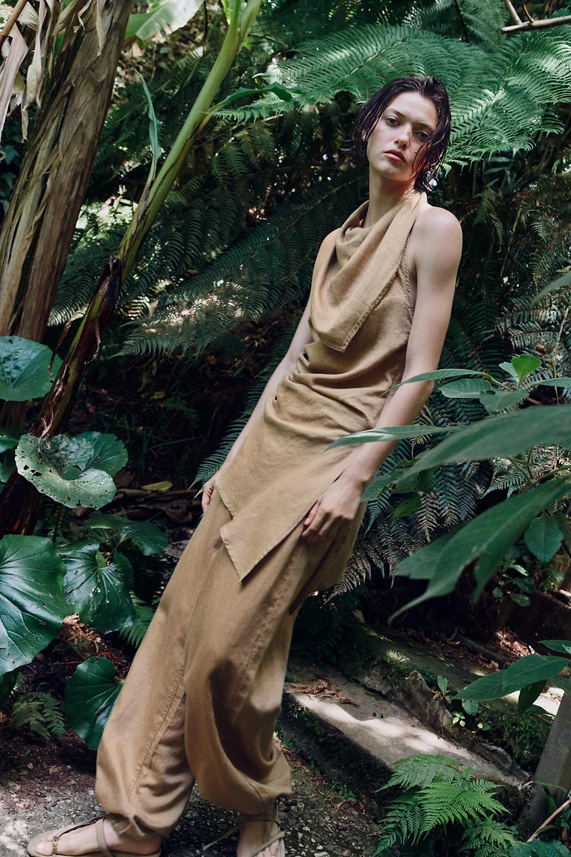 LINEN DRAWSTRING WIDE LEG PANTS