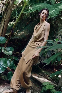 LINEN DRAWSTRING WIDE LEG PANTS