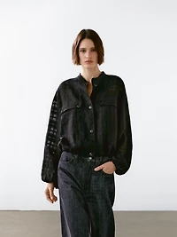 Linen blend check bomber jacket