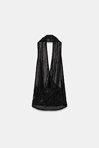 EMBROIDERED BEADED HALTER TOP