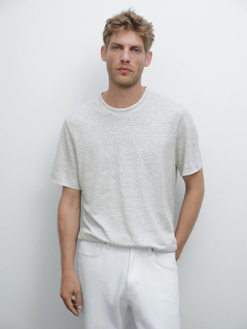 Linen blend contrast knit T-shirt