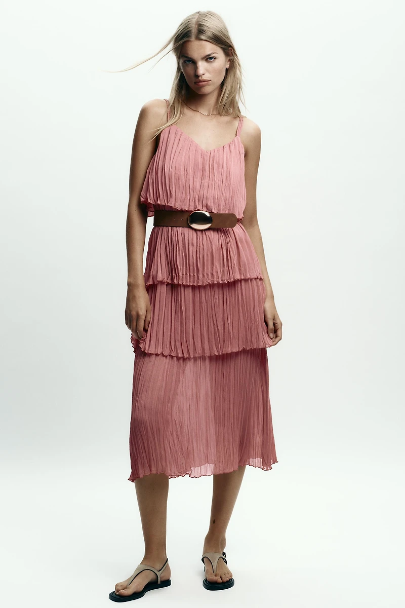 BELTED RUFFLED MIDI DRESS