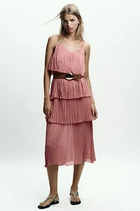BELTED RUFFLED MIDI DRESS