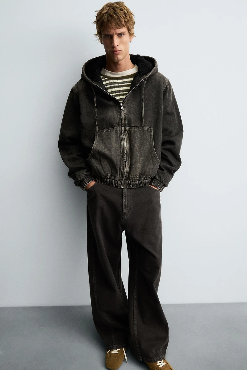 FLEECE LINED DENIM JACKET WITH HOODIE