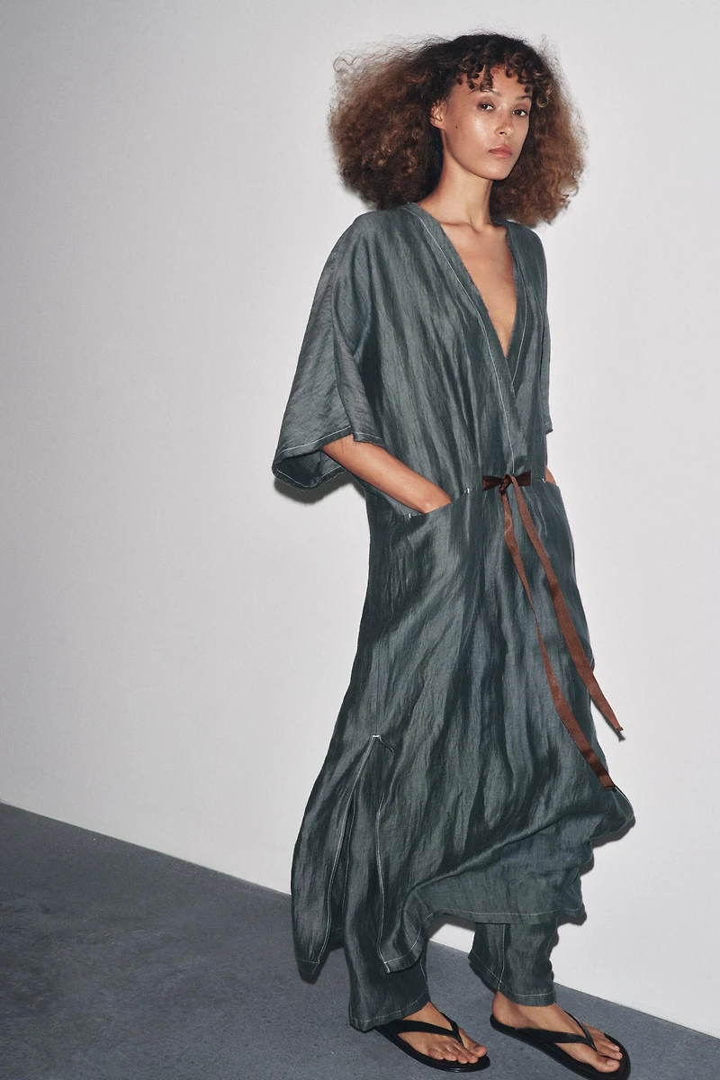 CONTRAST TIED LINEN DRESS