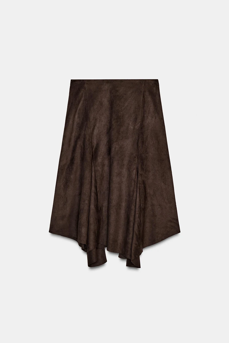 ASYMMETRIC FAUX SUEDE MIDI SKIRT