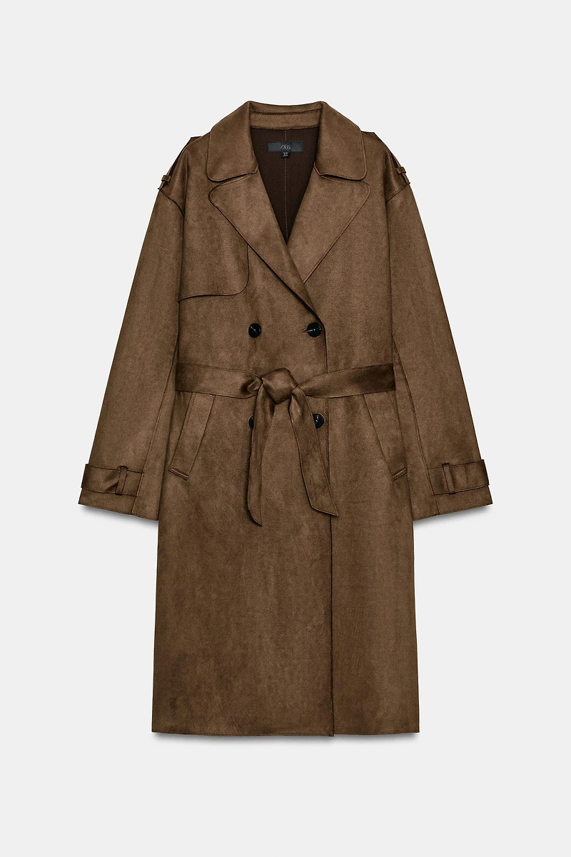 LONG SUEDE EFFECT BELTED TRENCH COAT