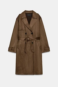 LONG SUEDE EFFECT BELTED TRENCH COAT