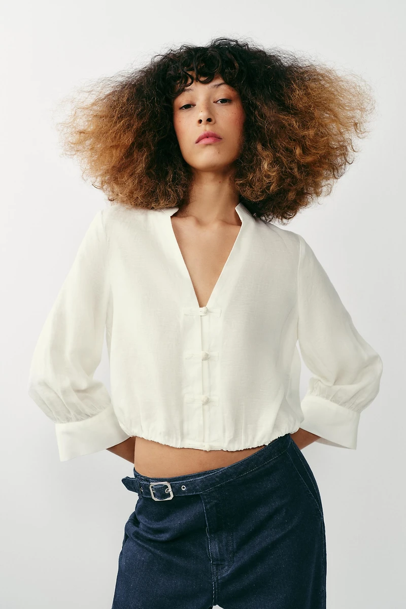 LINEN BALLOON SHIRT WITH FROG CLASPS