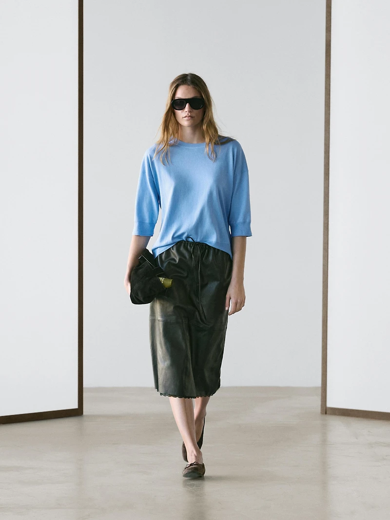 Cotton blend knit short-sleeve sweater