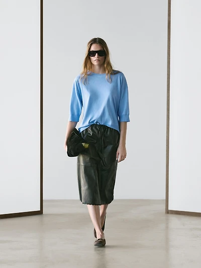 Cotton blend knit short-sleeve sweater