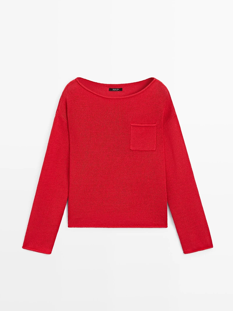 Cotton and linen knit sweater with pocket detail