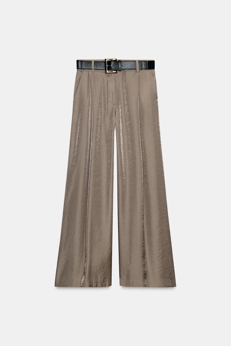BELTED SATIN WIDE LEG PANTS