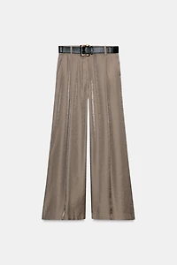BELTED SATIN WIDE LEG PANTS
