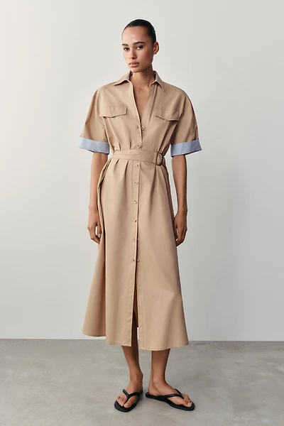 BELTED MIDI SHIRT DRESS