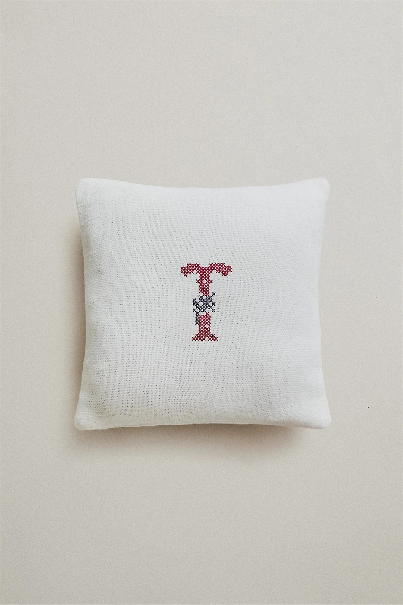 LETTER T EMBROIDERED LINEN CUSHION