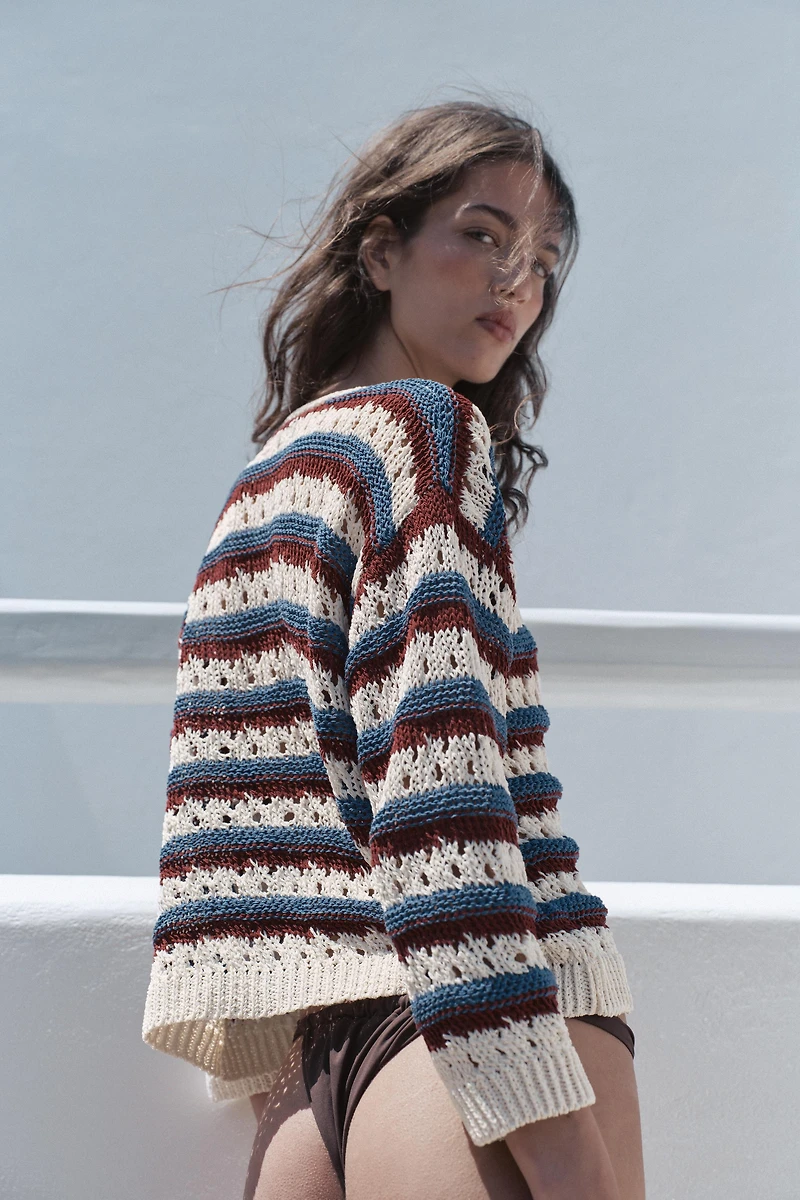 GILET RAYÉ EN MAILLE AJOURÉE