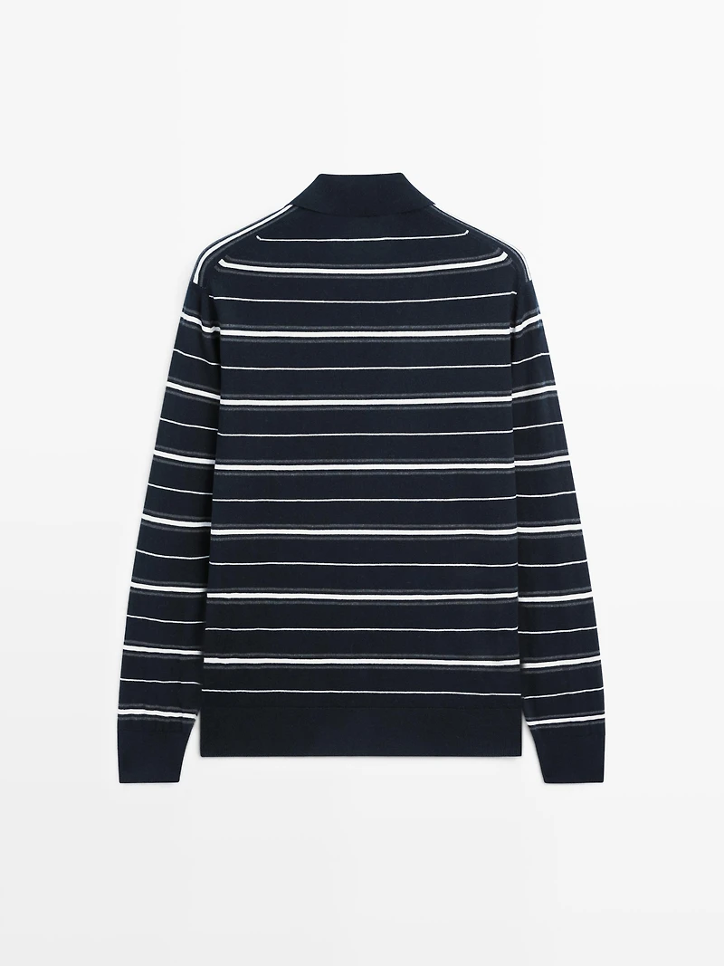 Cotton blend striped knit polo sweater