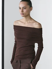 Knit wool blend off-the-shoulder sweater