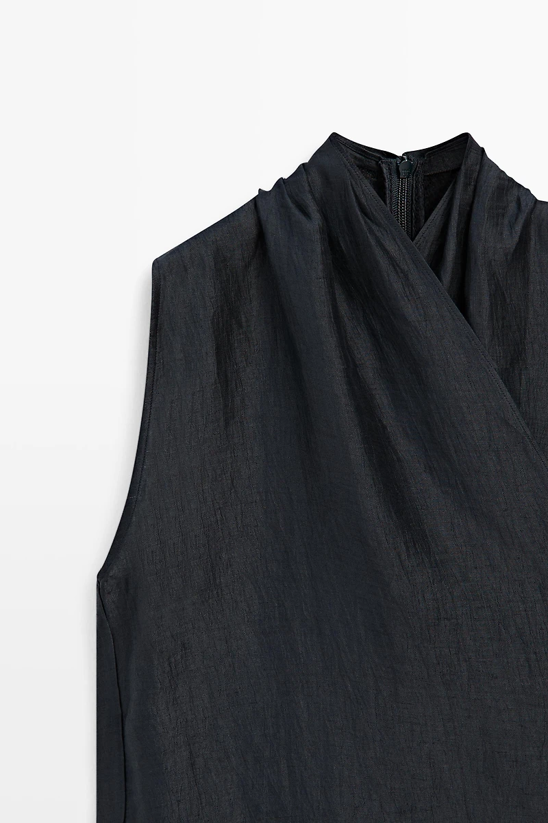 Linen blend sleeveless crossover top