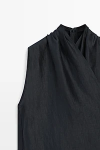 Linen blend sleeveless crossover top