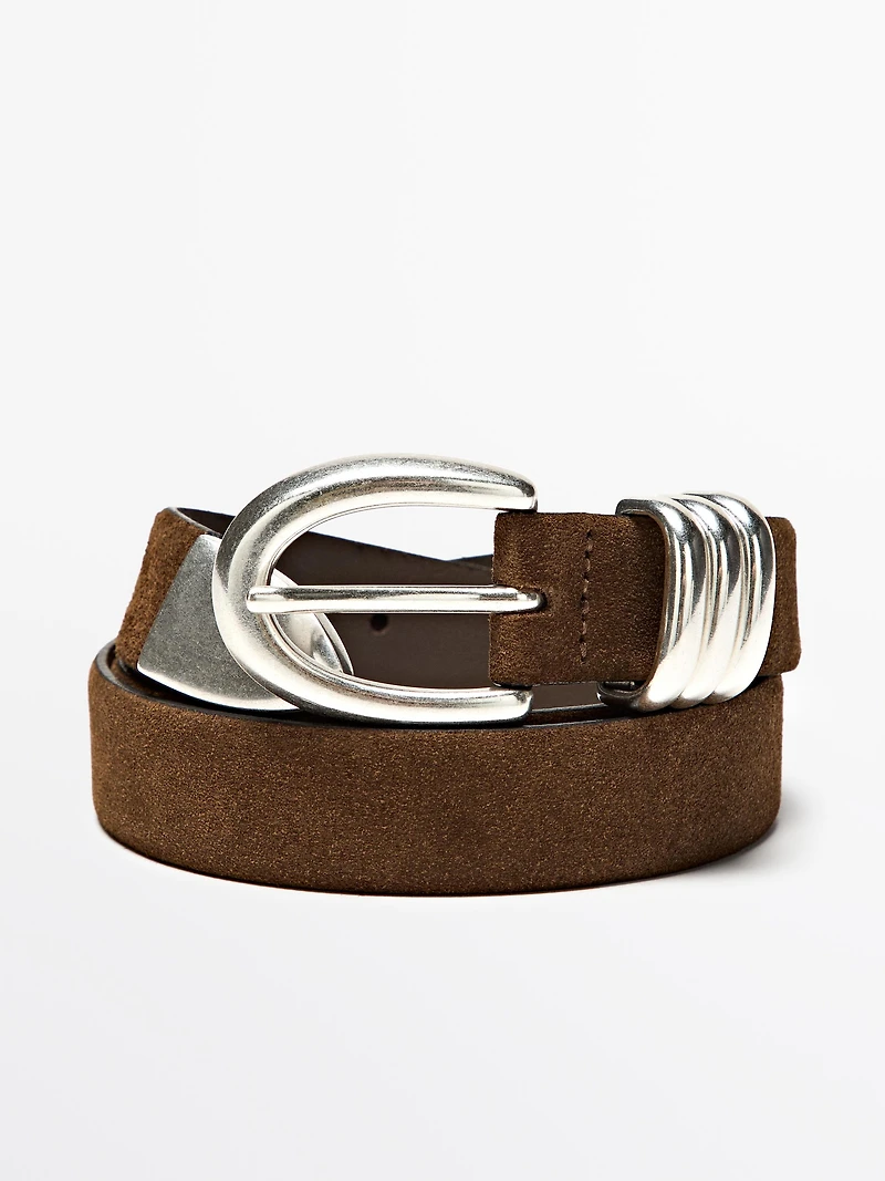 Split suede leather belt with metal detail