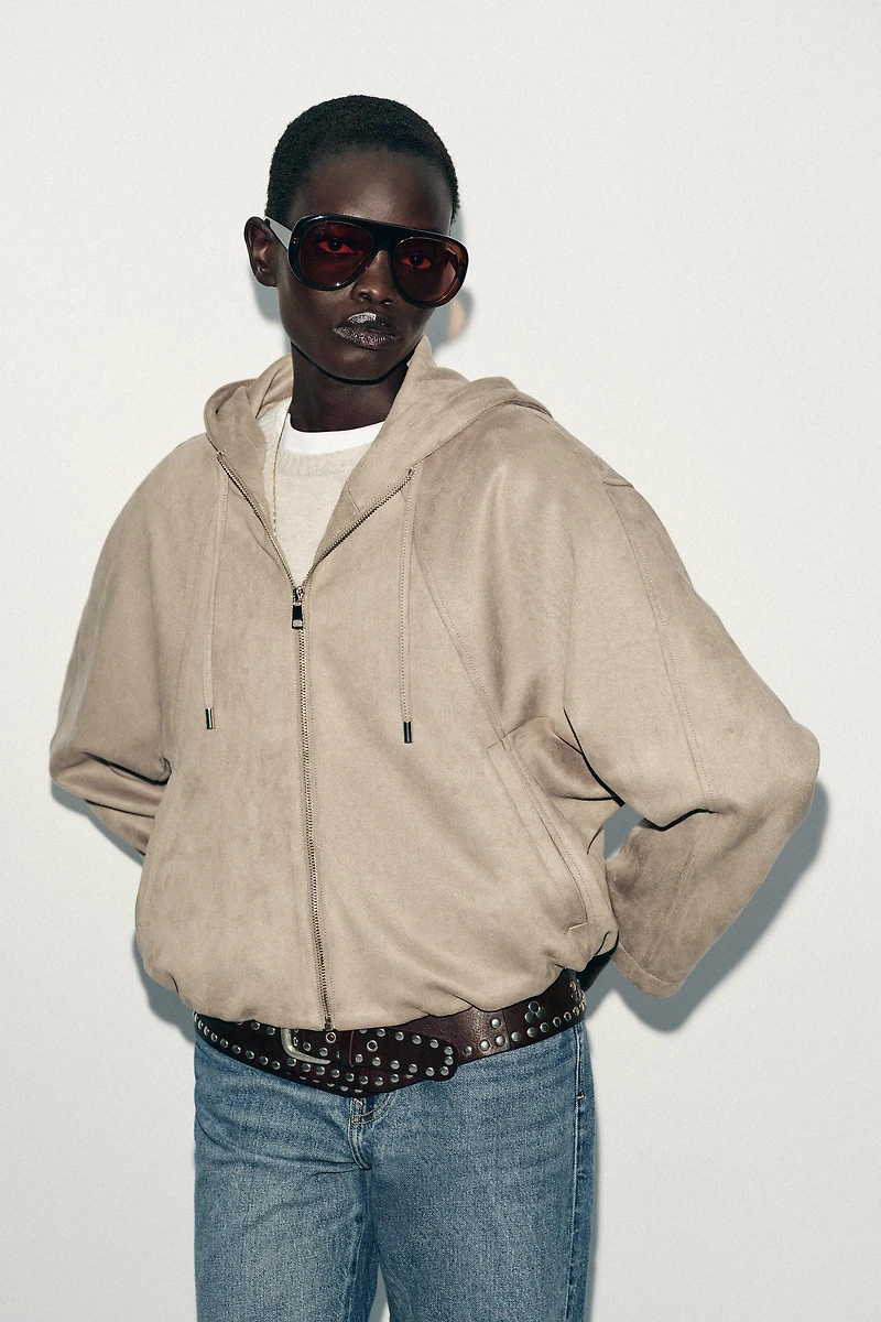 FAUX SUEDE HOODED BOMBER JACKET