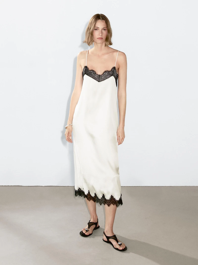 Contrast lace-trimmed midi dress