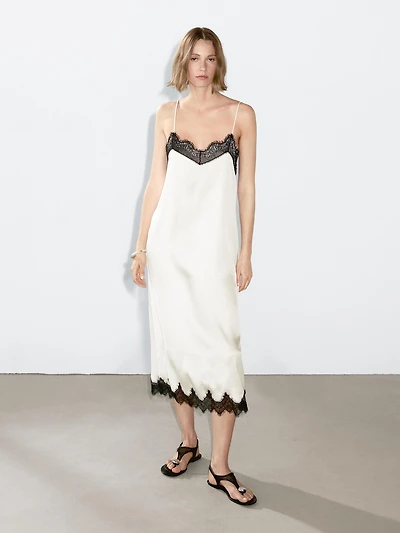 Contrast lace-trimmed midi dress