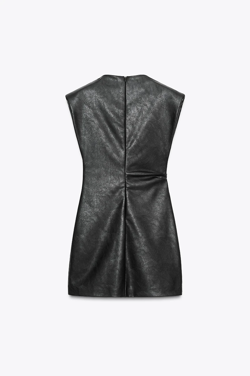 FAUX LEATHER SHORT DRESS WITH SHOULDER PADS