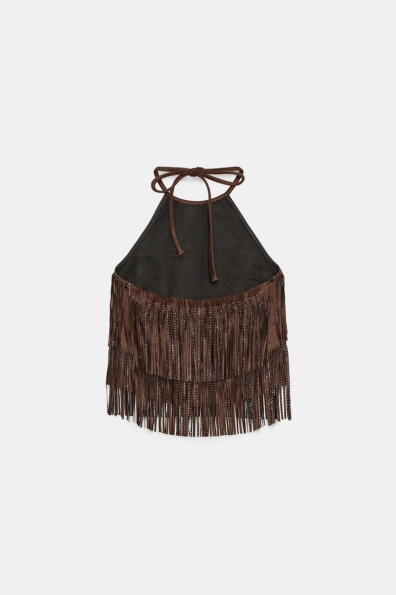 SHIMMER FAUX SUEDE FRINGE TOP