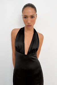 SATIN EFFECT LONG HALTER DRESS