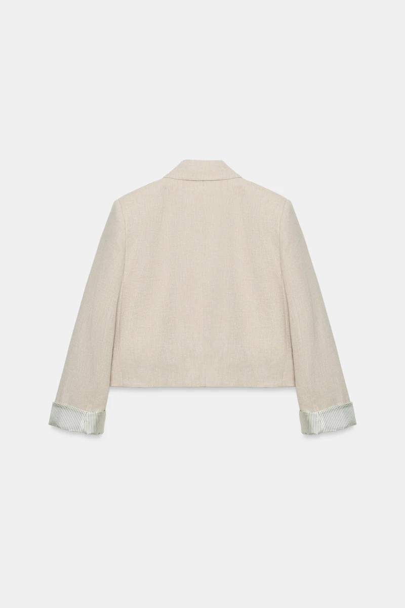 LINEN CROPPED BLAZER WITH SHOULDER PADS