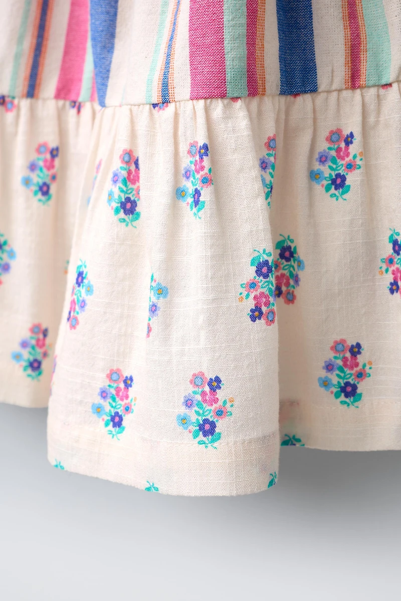 STRIPED AND FLORAL PLEATED DRESS