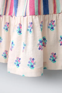 STRIPED AND FLORAL PLEATED DRESS