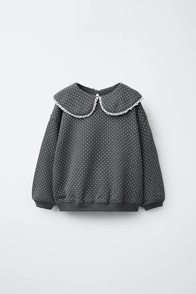 PETER PAN COLLAR LACE TRIM PRINTED SWEATSHIRT