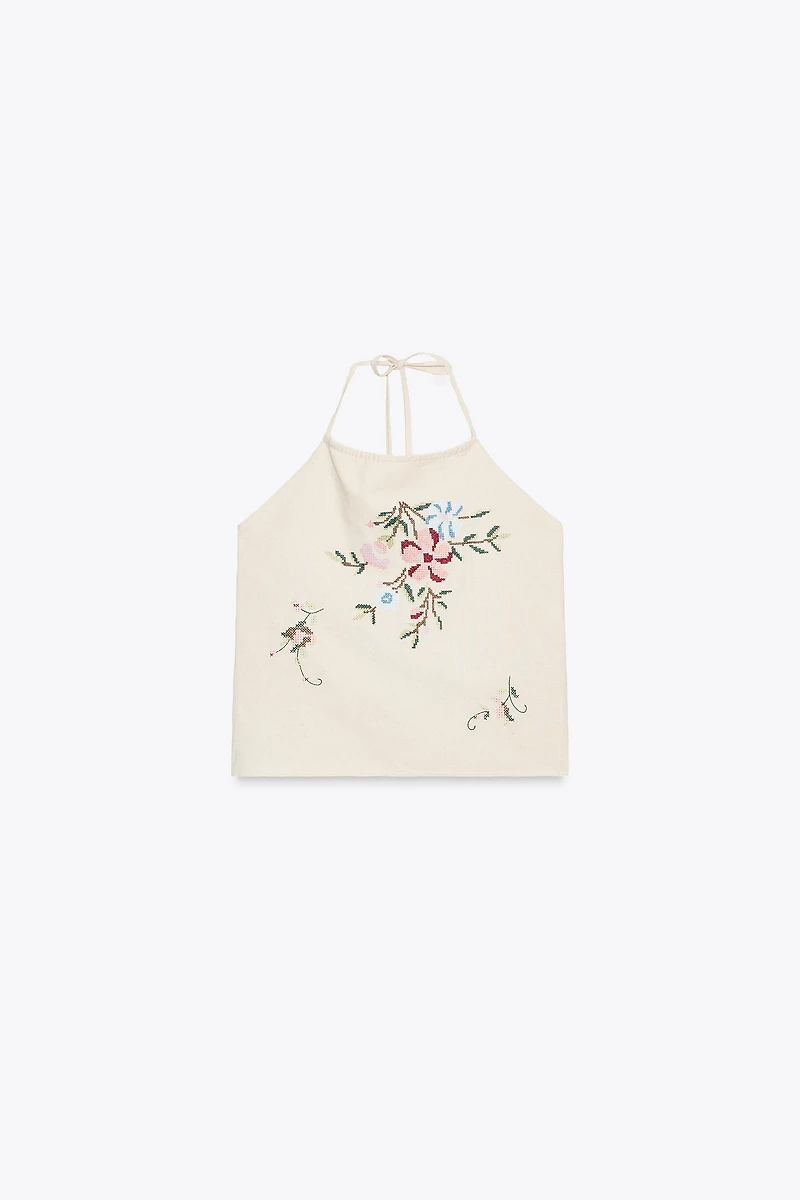 FLORAL EMBROIDERED HALTER TOP