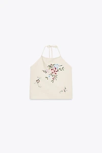 FLORAL EMBROIDERED HALTER TOP